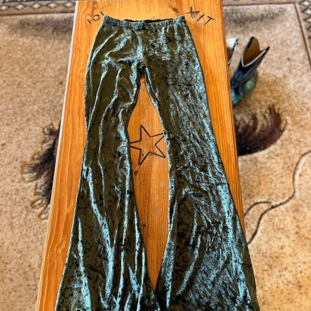 Green Velvet Flare Pants with Elastic Waistband